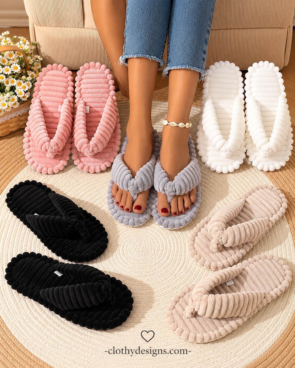 Women's Corduroy Plush House Slippers – Warm Winter Indoor Slides, Soft Flat Sole Flip-Flops